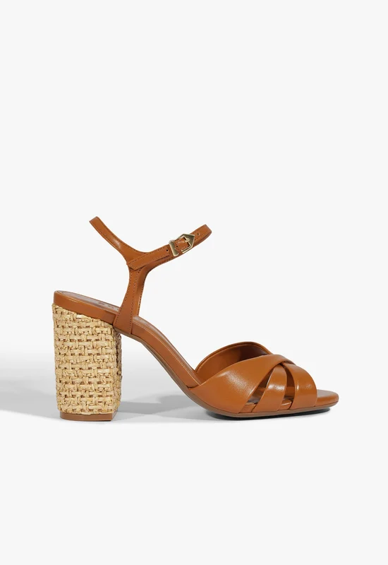 Keefa Raffia High Block Sandal 11 / Burnt Honey / Leather