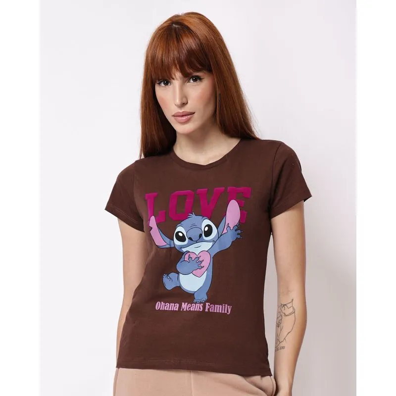 Camiseta Feminina Algodão Disney Stitch Manga Curta Marrom M