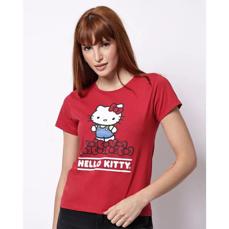 Camiseta Feminina Algodão Hello Kitty Manga Curta Vermelha P