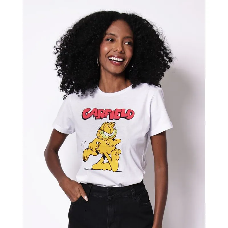 Camiseta Feminina Algodão Garfield Manga Curta Branca G