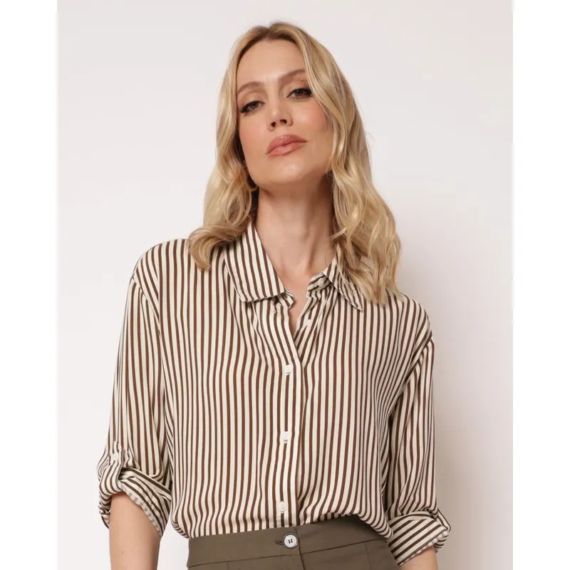Camisa Feminina Viscose Listrada Marrom G
