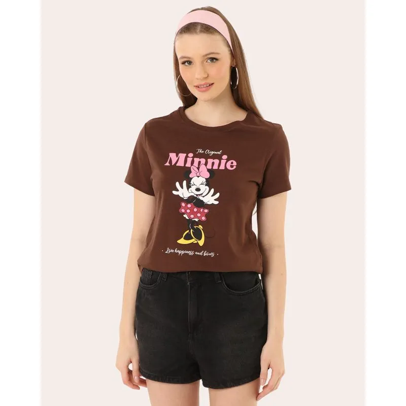 Camiseta Feminina Algodão Minnie Manga Curta Marrom M