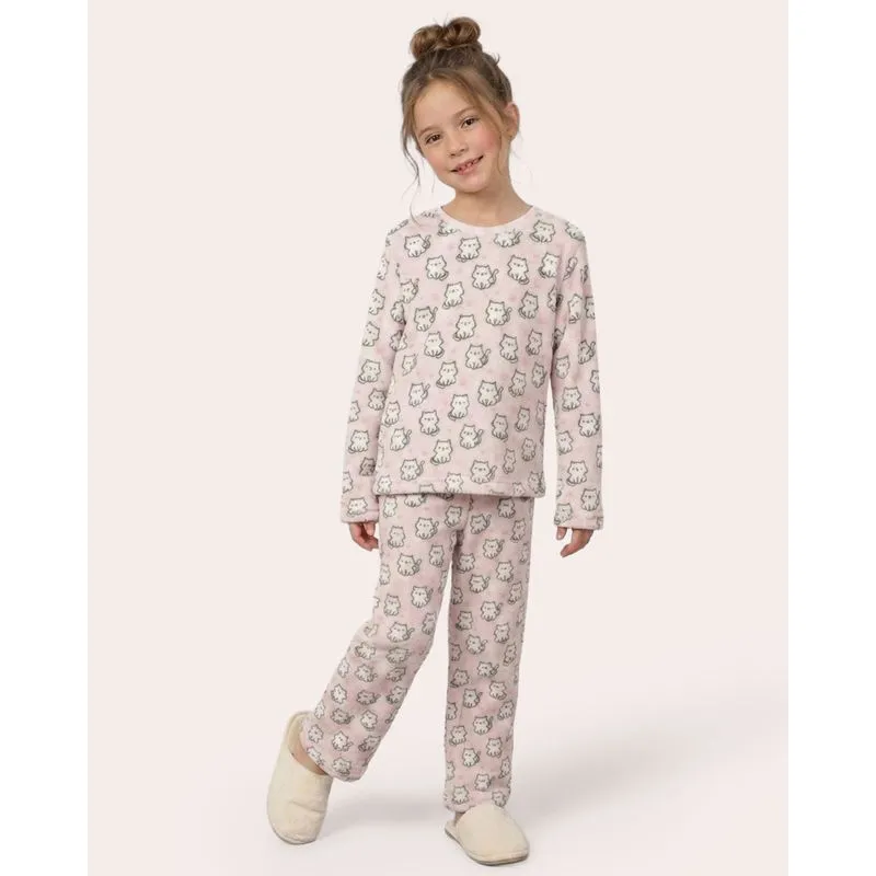 Pijama Longo Infantil Soft Estampa Gatinho Rosa 8