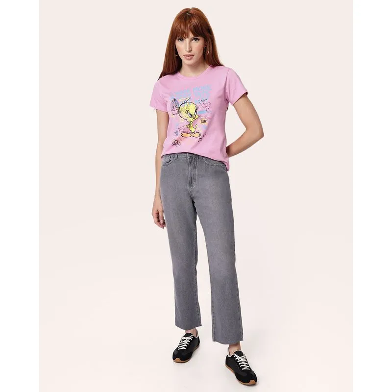 Calça Jeans Feminina Reta com Barra Desfiada Bolsos Cinza 36