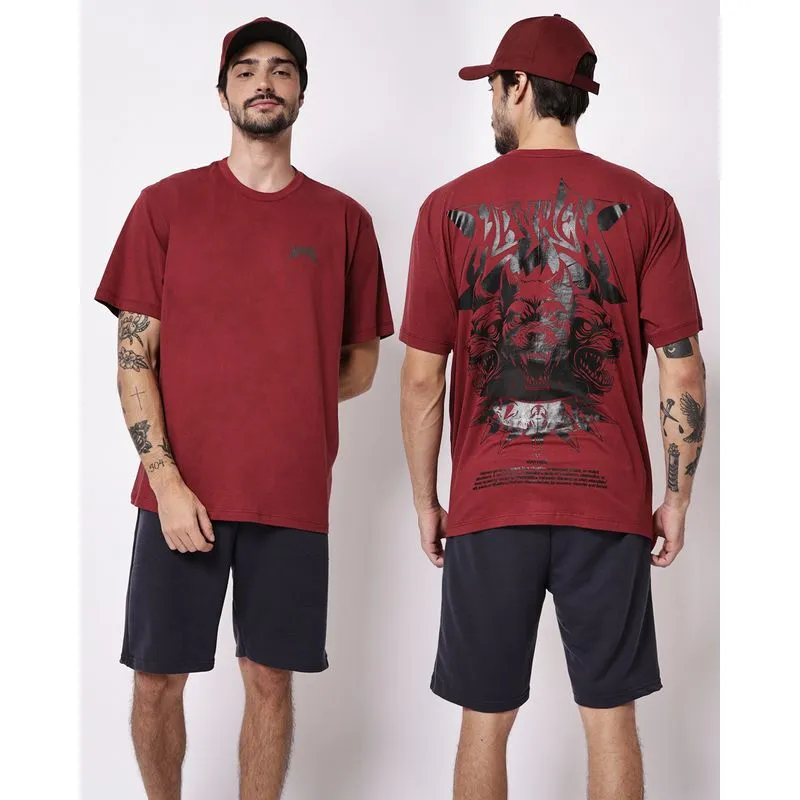 Camiseta Masculina Algodão Estampa Frente e Costas Vinho M