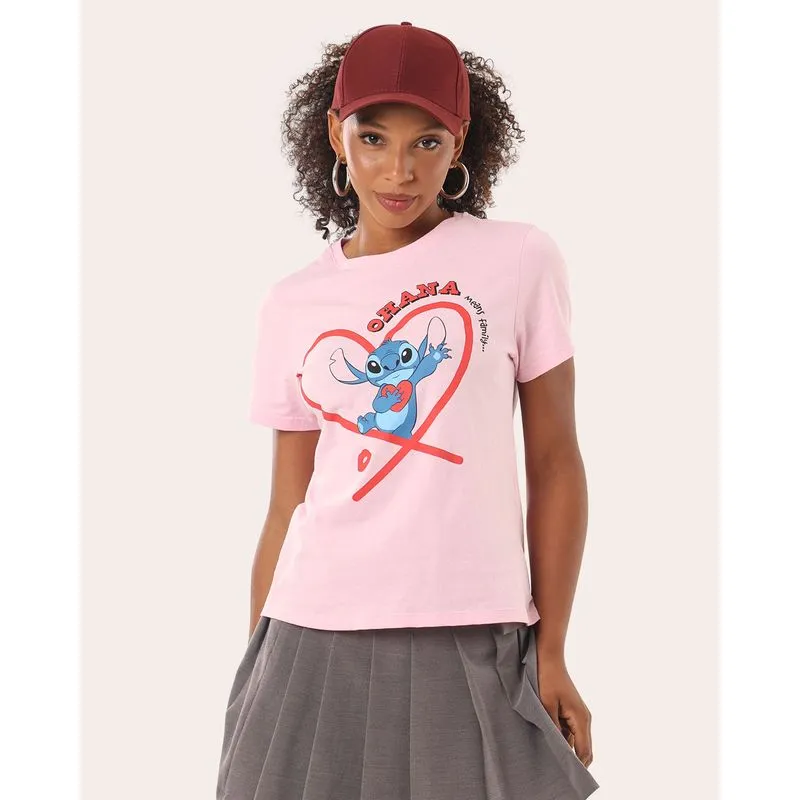 Camiseta Feminina Algodão Disney Stitch Manga Curta Rosa GG