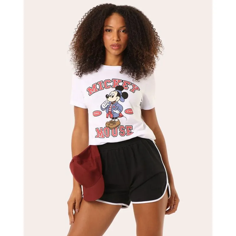 Camiseta Feminina Algodão Disney Mickey Manga Curta Branca PP