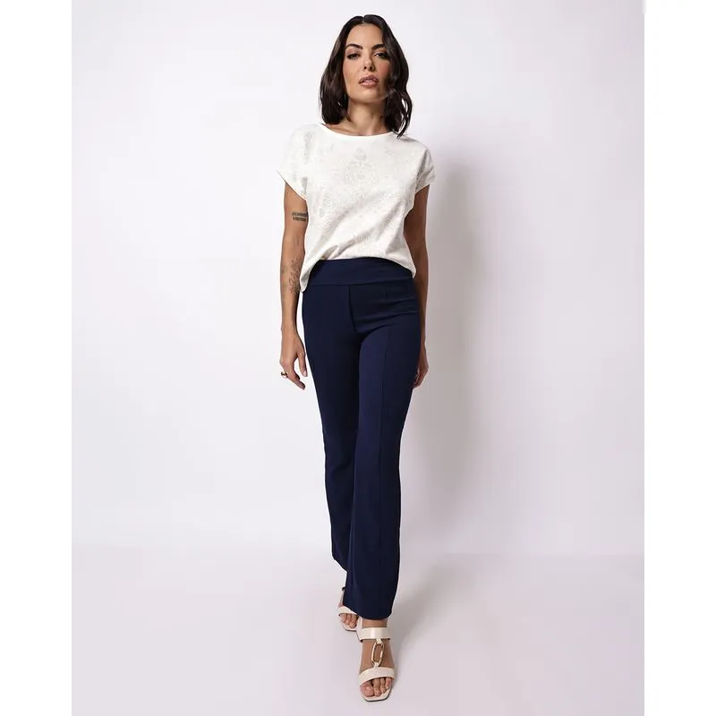 Calça Feminina Flare Crepe Texturizada com Recortes Marinho P