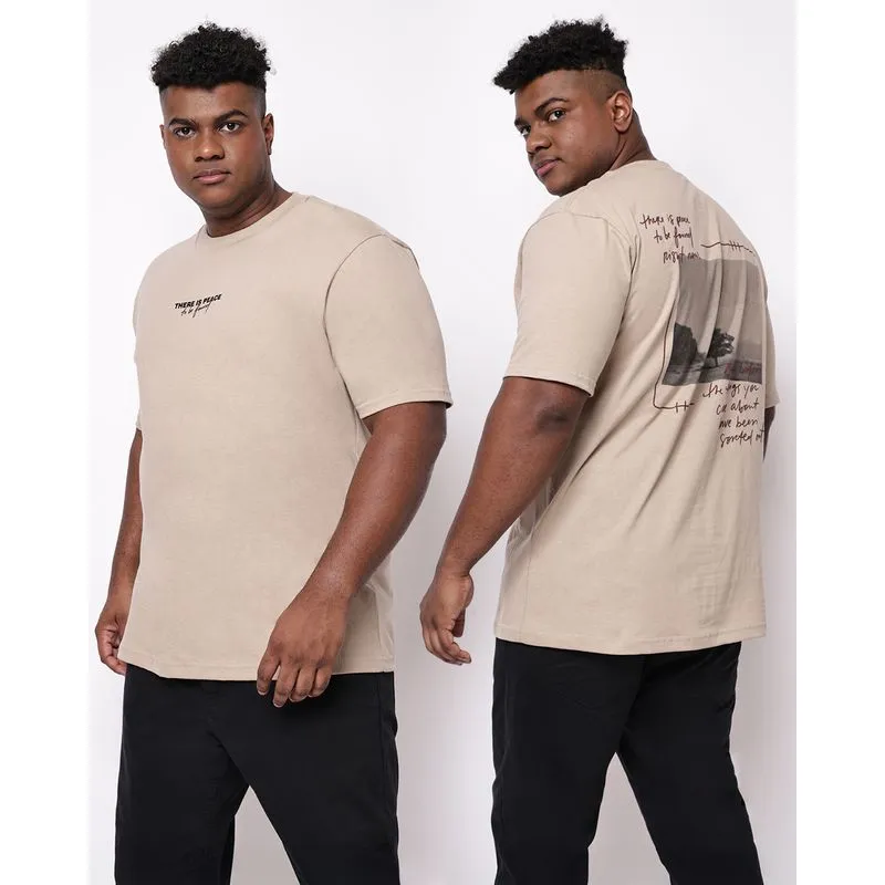 Camiseta Masculina Plus Size Manga Curta Estampa Frente e Costas Bege G2