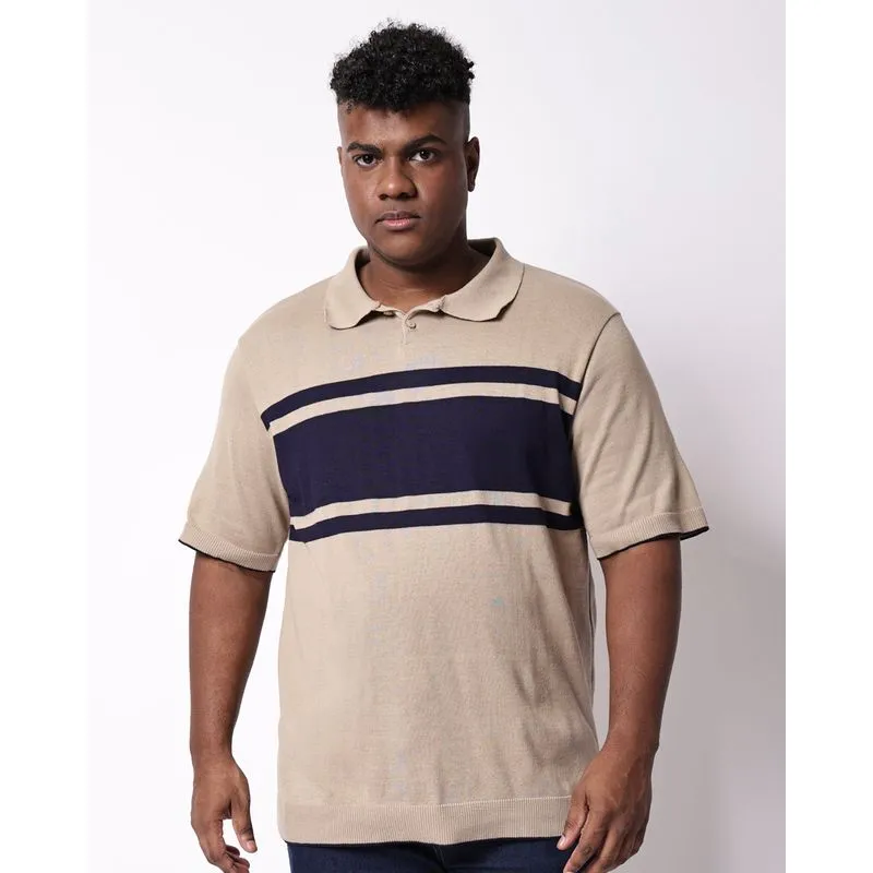 Camisa Polo Plus Size Masculina Tricô com Listras Bege G1