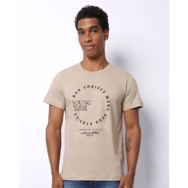 Camiseta Masculina Algodão com Estampa Frontal Manga Curta Bege G