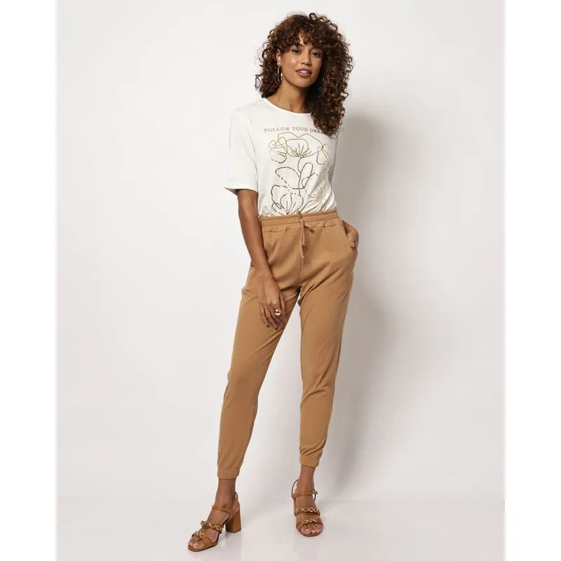 Calça Feminina Básica Canelada Jogger Bege GG