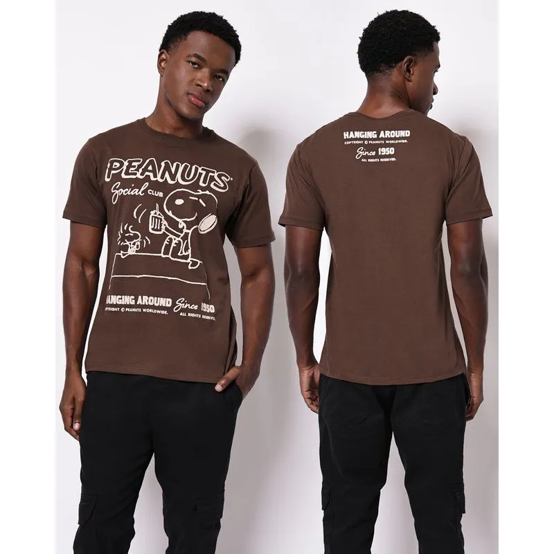Camiseta Masculina Algodão Snoopy Manga Curta Marrom G