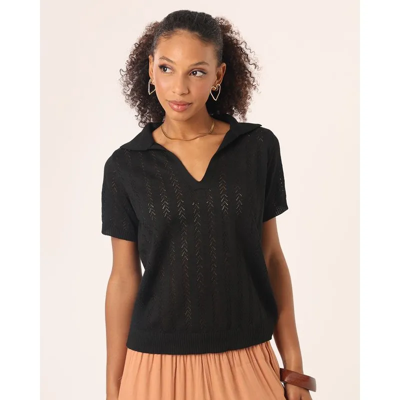 Blusa Polo Feminina Tricô Manga Curta Preta P