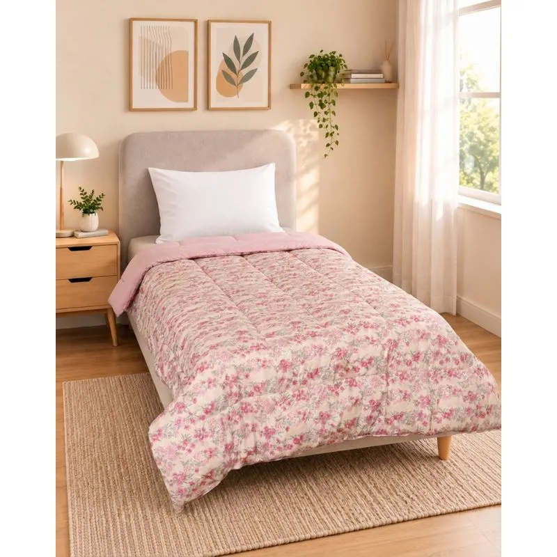 Edredom Solteiro Andreza Dupla Face 150cm x 240cm Estampa Floral Rosa UN