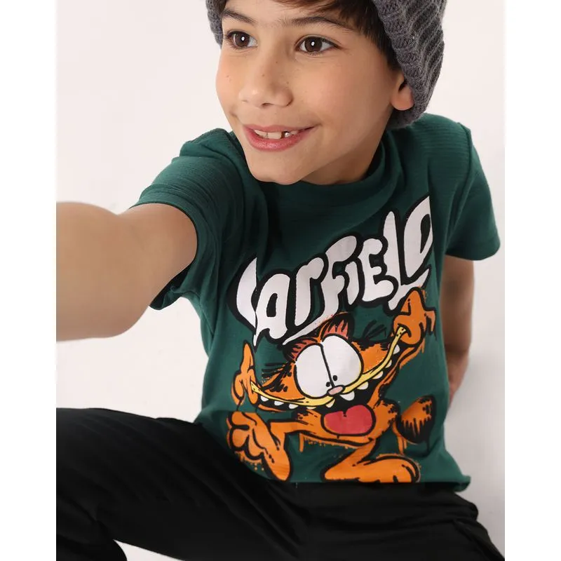 Camiseta Infantil Algodão Texturizado Garfield Verde 8