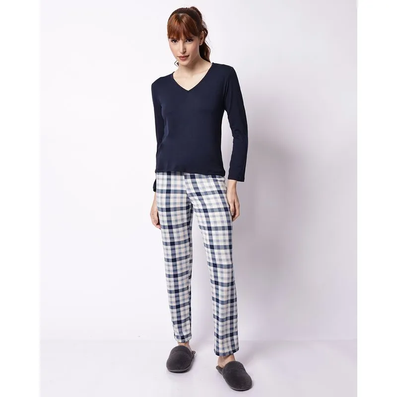 Pijama Longo Feminino Manga Longa Xadrez Marinho G