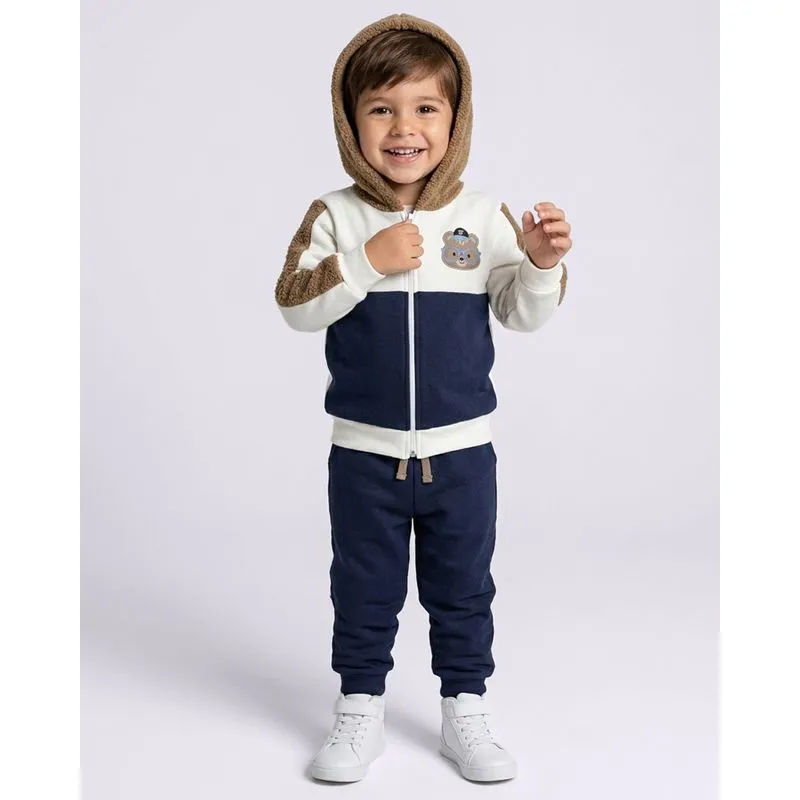 Conjunto Moletom Bebê com Capuz Recortes Estampa Ursinho Off White 1