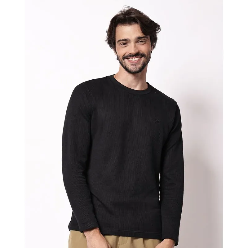 Camiseta Masculina Texturizada Bordada Manga Longa Preta M