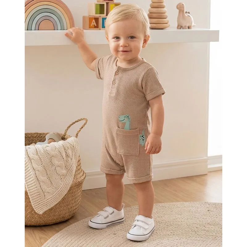Macacão Bebê Texturizado com Bolso Dinossauro Bege M