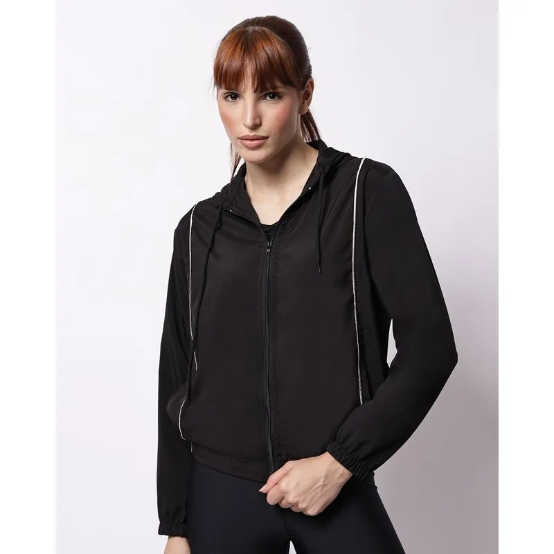 Jaqueta Fitness Feminina com Capuz Bolsos Viés Preta P