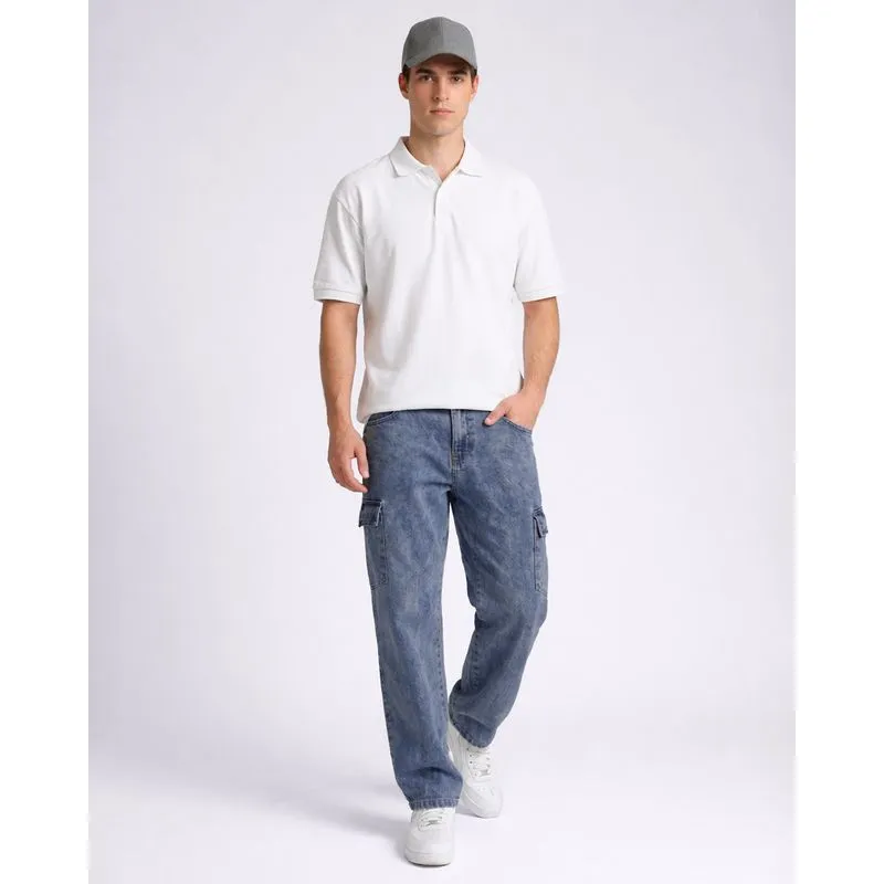 Calça Jeans Masculina Reta Marmorizada Bolsos Cargo Azul 46