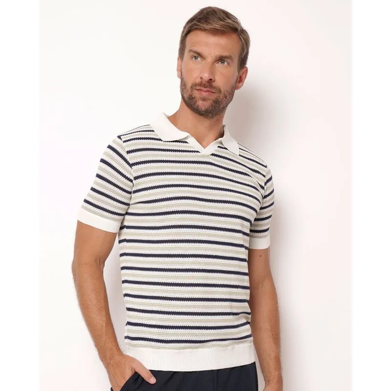 Camisa Polo Masculina Tricô Listrada Off White M
