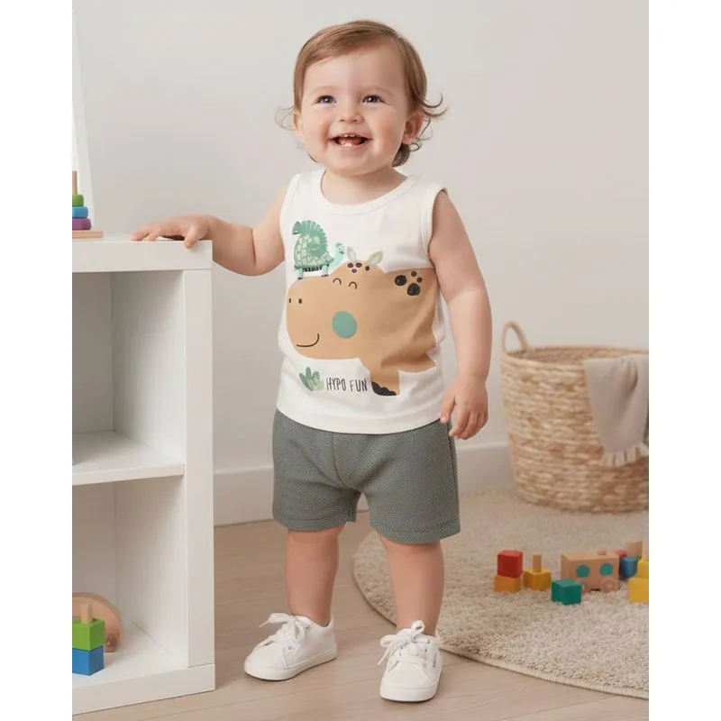 Conjunto Bebê Regata Curto Algodão Estampa Off White G