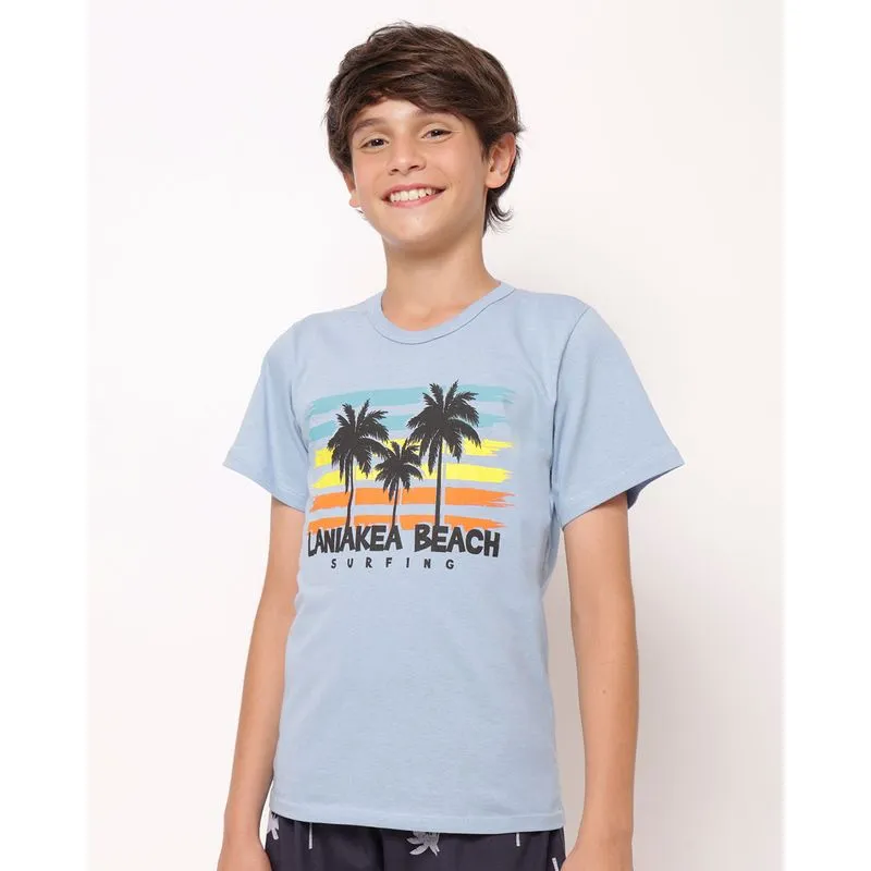 Camiseta Juvenil Algodão com Estampa Tropical Manga Curta Azul 16
