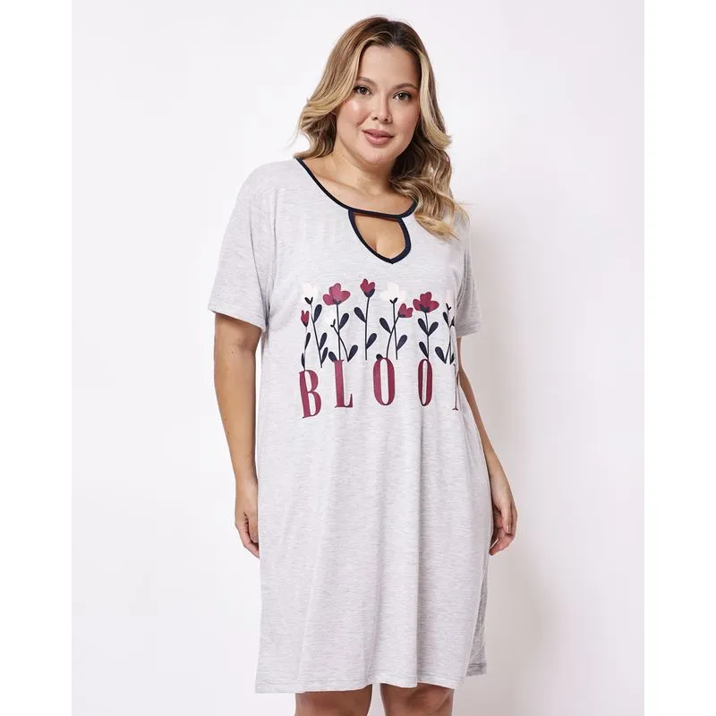Camisola Plus Size Feminino com Decote Estampa Floral Cinza 50