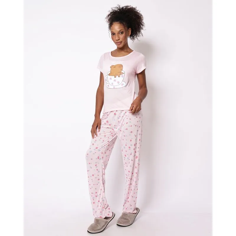 Pijama Feminino Longo Poliviscose Estampa Frontal Manga Curta Rosa P