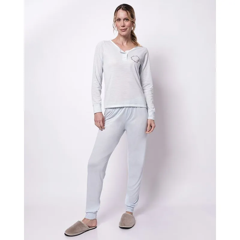 Pijama Longo Feminino Listrado Love Azul GG