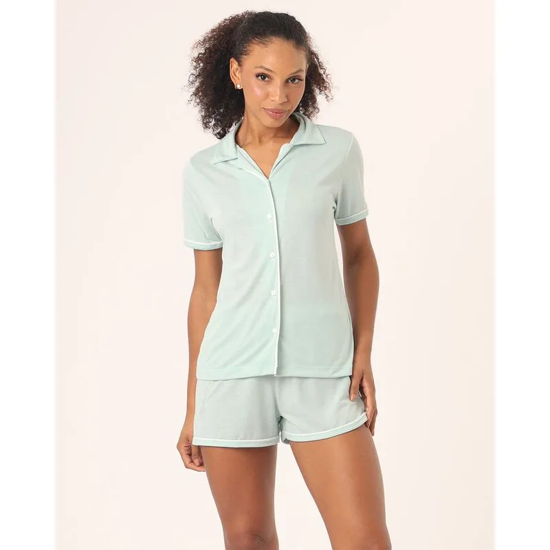 Pijama Feminino Curto Americano Liso com Viés Verde G