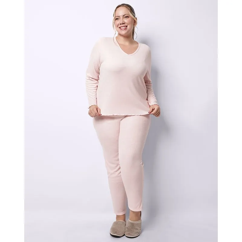 Pijama Plus Size Feminino Longo Ribana Frufru Decote V Rosa 48