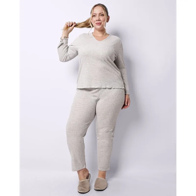 Pijama Plus Size Feminino Longo Canelado Cinza 50