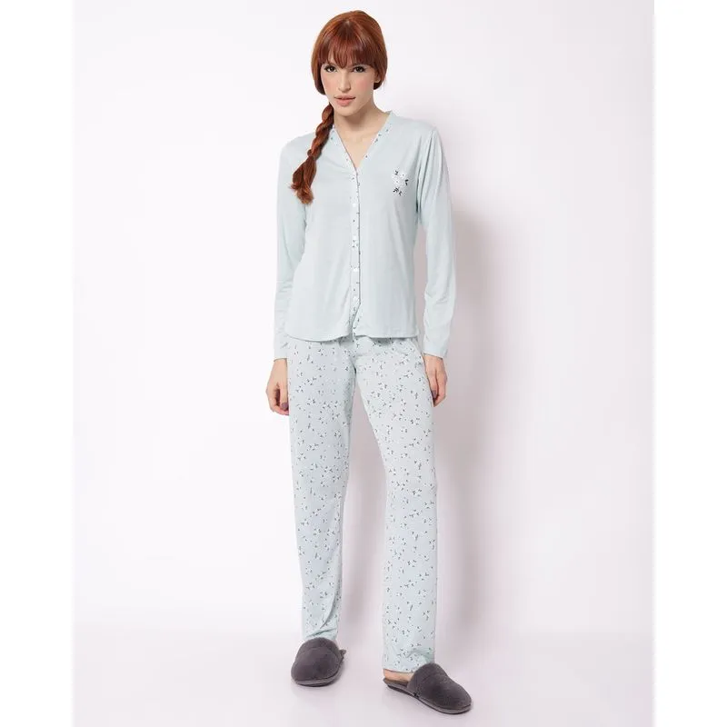 Pijama Longo Feminino Americano Floral Verde P