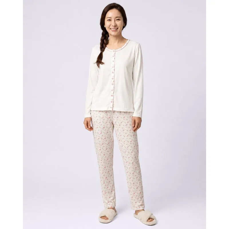 Pijama Longo Feminino Americano Floral Off White P