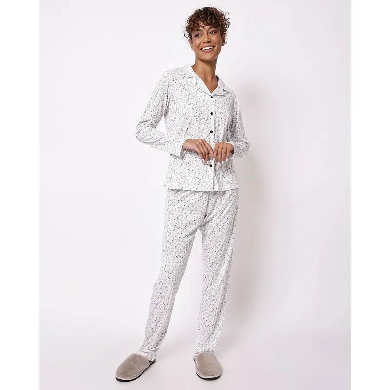 Pijama Feminino Longo Americano Poliviscose Estampado Floral Off White G