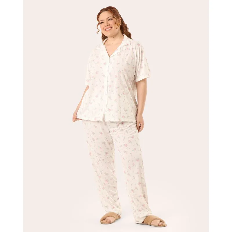 Pijama Longo Plus Size Feminino Americano Floral Off White 50