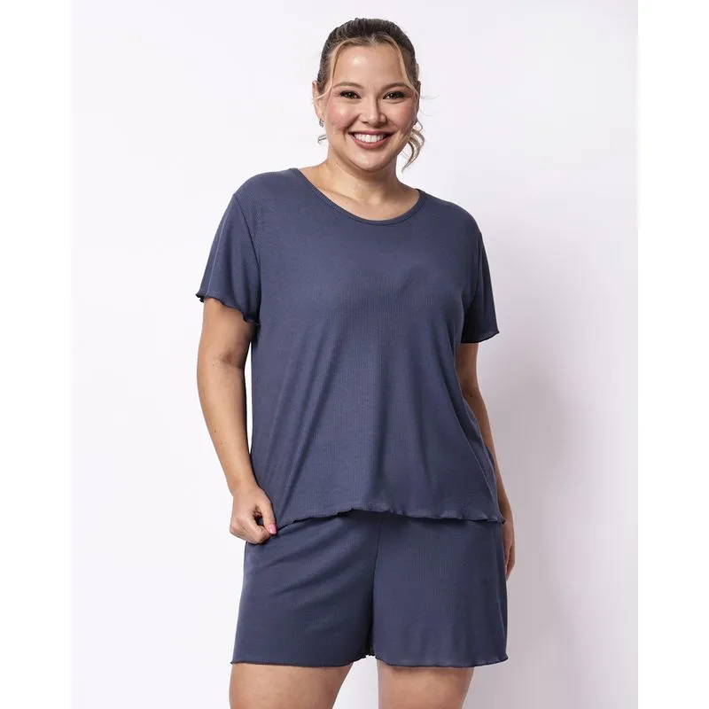 Pijama Plus Size Feminino Curto Listrado Marinho 52