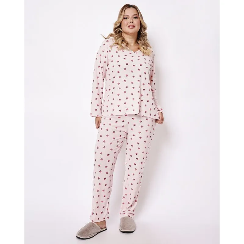 Pijama Longo Plus Size Feminino Texturizado Estampada Morangos Rosa 52