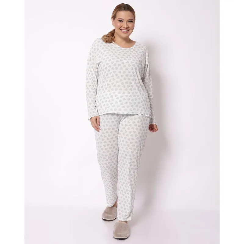 Pijama Longo Plus Size Feminino Ribana Corações Azul 50
