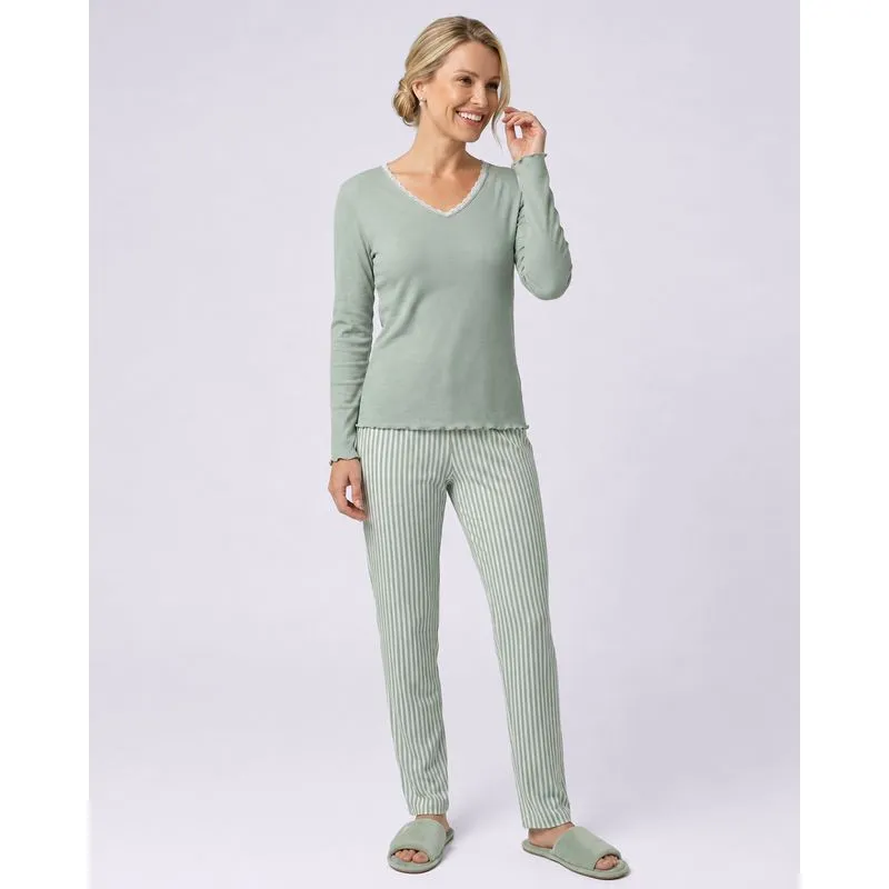 Pijama Feminino Longo Decote V Renda Listras Verde G