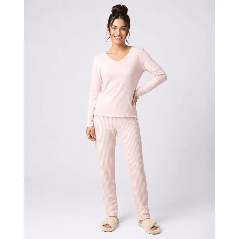 Pijama Longo Feminino Canelado Rosa G