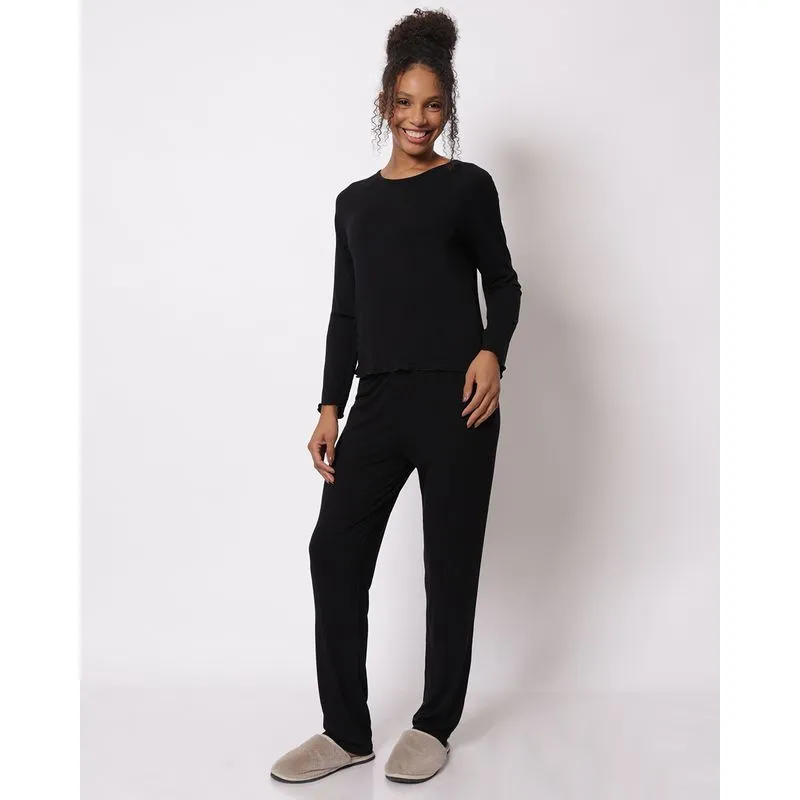 Pijama Feminino Longo com Frufru Preto P