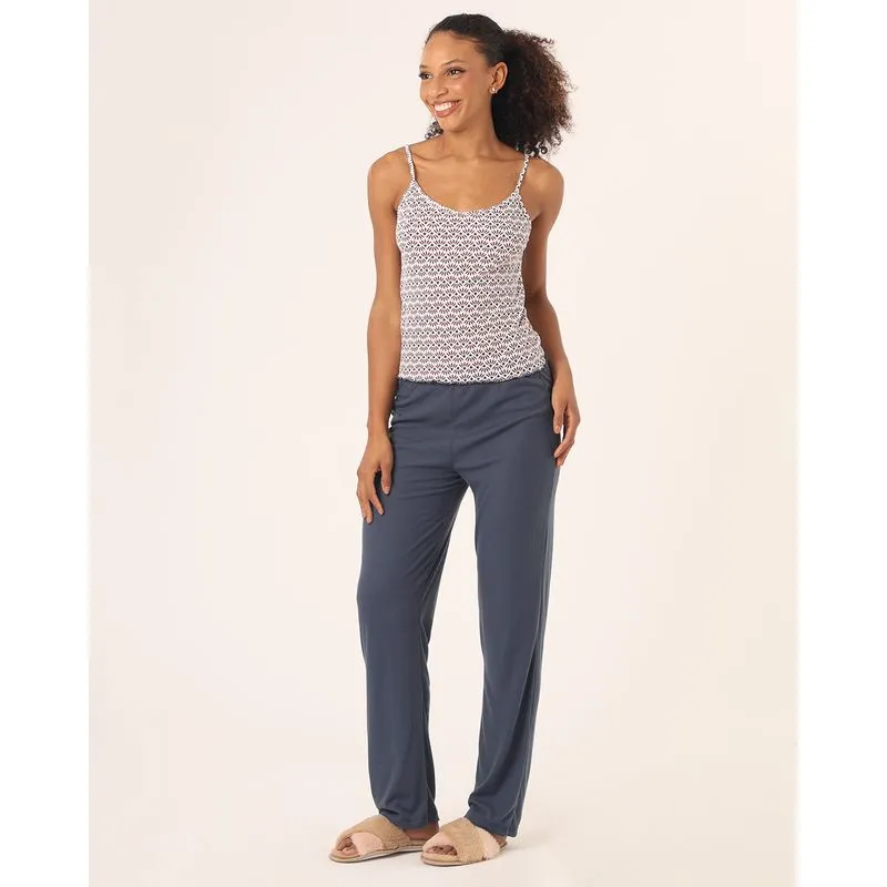 Pijama Feminino Longo Canelado Alcinha Estampado Marinho GG