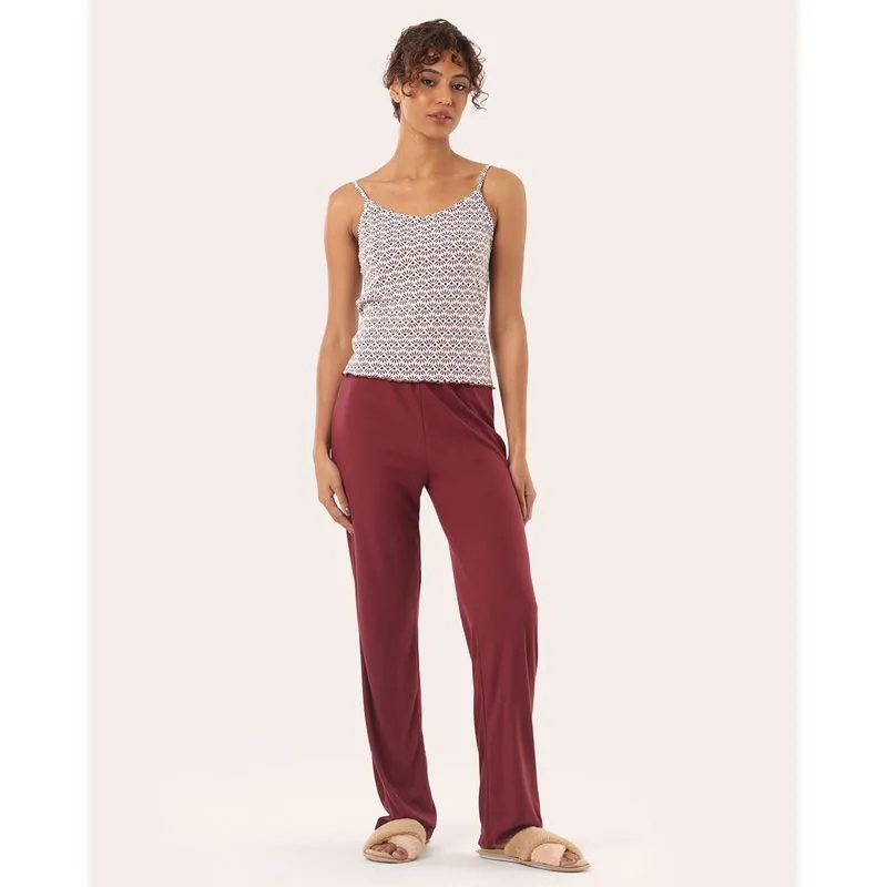 Pijama Feminino Alcinha Canelado Estampado Longo Vinho G