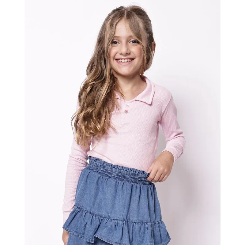 Blusa Polo Infantil Texturizada Manga Longa Rosa 6