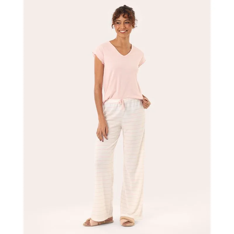 Pijama Feminino Canelado Manga Curta Frufru Rosa XG