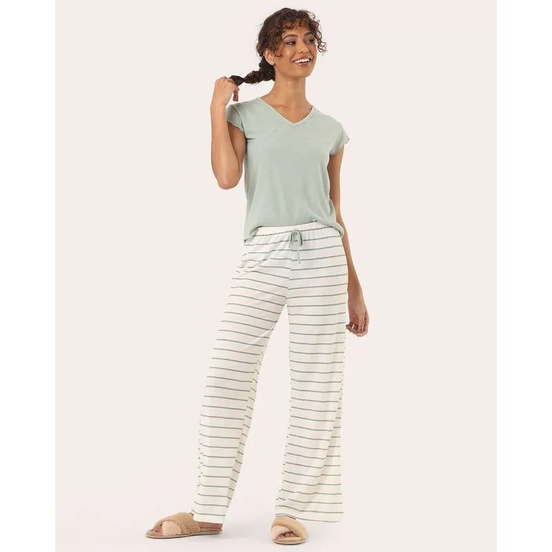Pijama Feminino Canelado Manga Curta Frufru Verde M